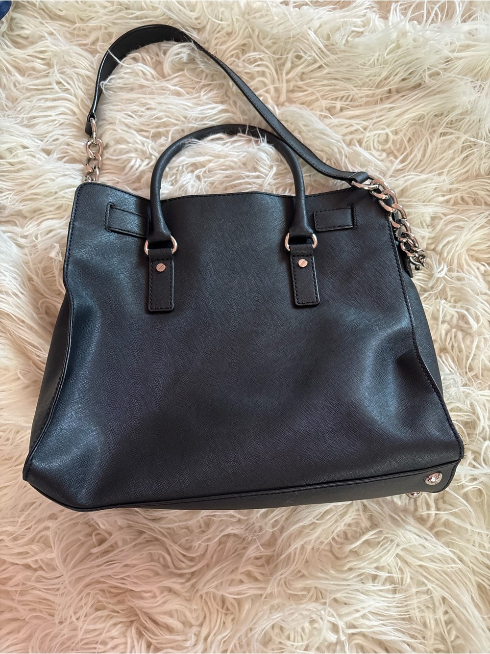 Michael Kors Hamilton Large Saffiano Leather Tote Bag Black Silver Hardware - Picture 8 of 9